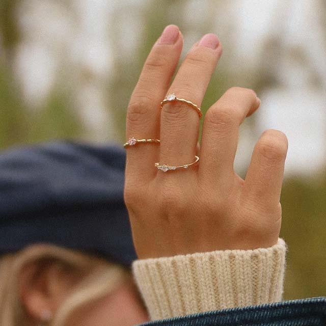 Dainty Rose Quartz Gold Rings being worn - promise rings and gold jewellery by Australian jewellery brands online indie and harper