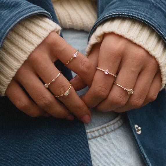 Dainty Rose Quartz Gold Rings being worn - promise rings and gold jewellery by Australian jewellery brands online indie and harper