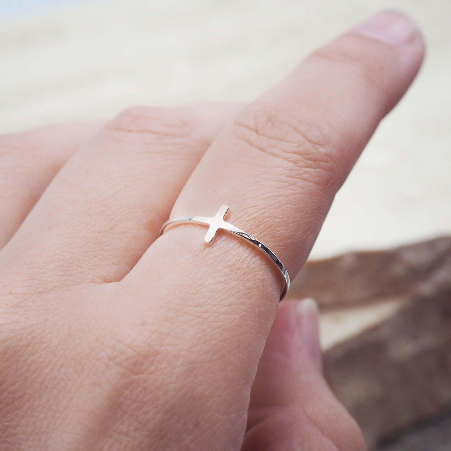 Dainty T-Bar Sterling silver Ring being worn - womens jewellery by indie and harper