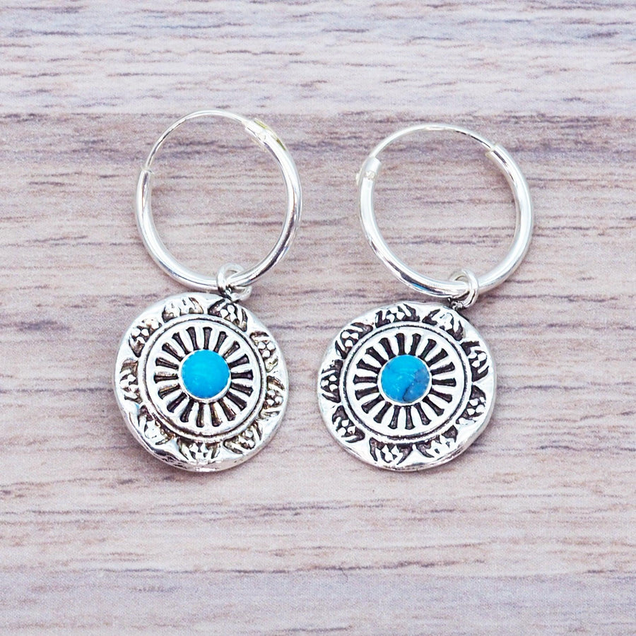 dainty mandala turquoise sterling silver earrings - sterling silver jewellery by boho jewellery brand indie and harper