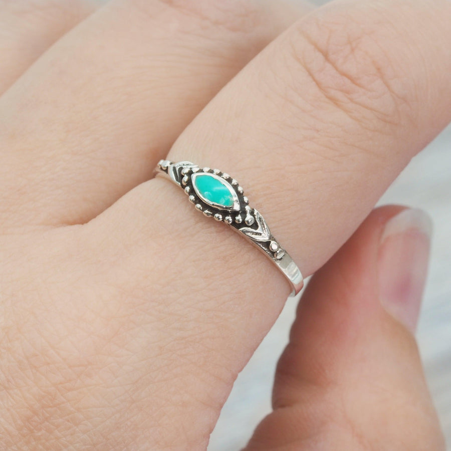 Dainty Turquoise Ring being worn - Sterling silver ring by boho jewellery online brand indie and harper