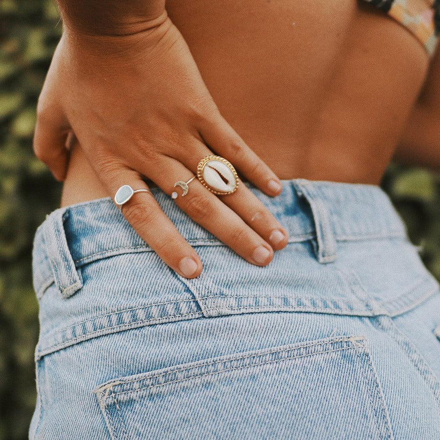 Gold Cowrie Shell Ring being worn - womens cowrie shell jewellery by australian jewellery brands online indie and harper