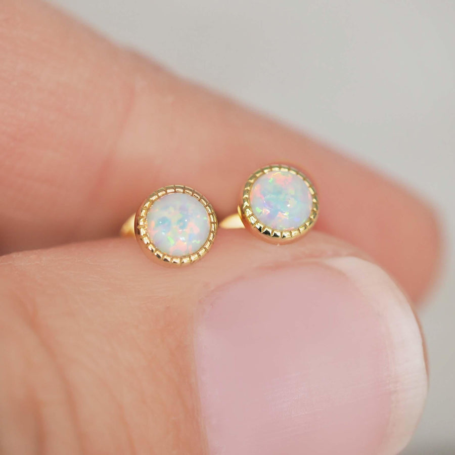 Dainty gold opal earrings - opal jewellery by australian jewellery brand indie and Harper