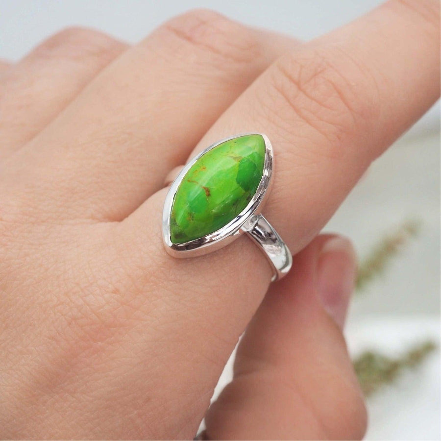 Green Turquoise Ring on finger - womens jewellery by australian jewellery brand indie and harper