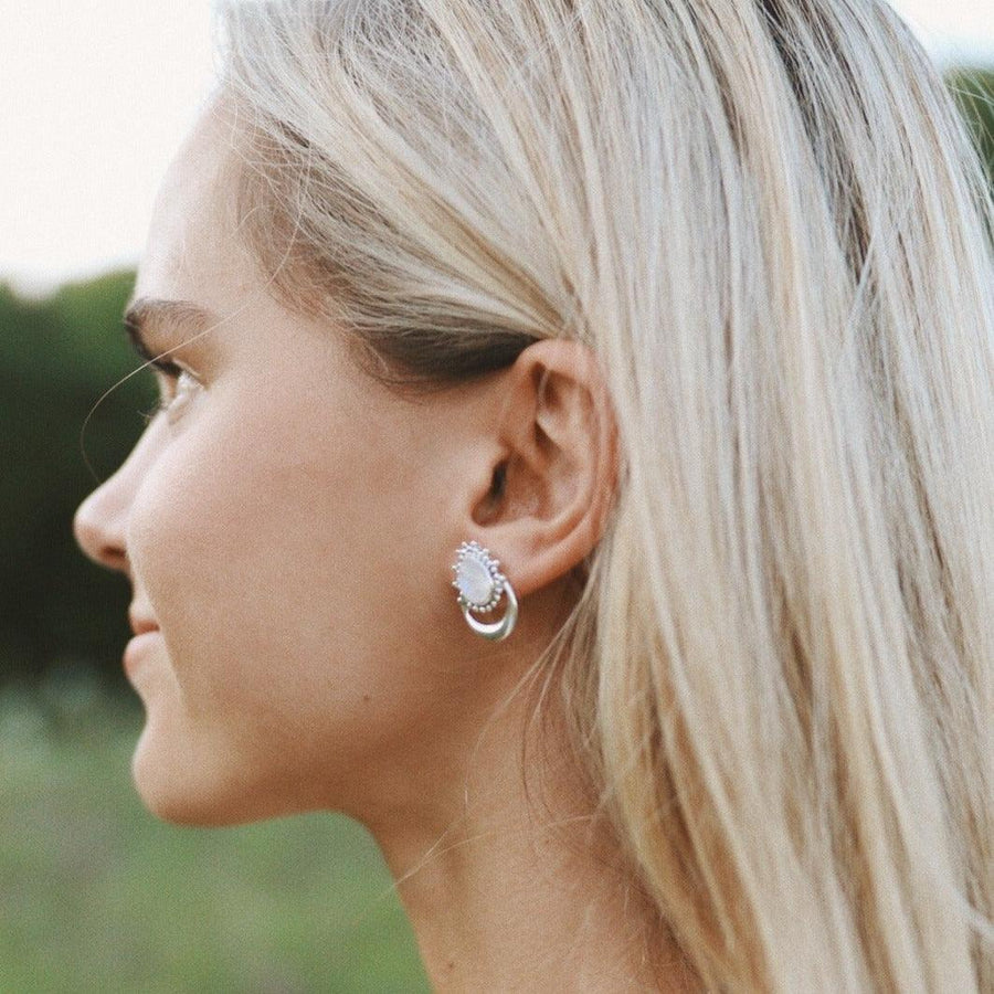 Woman wearing Sterling silver Half Moon Moonstone Earrings - womens moonstone jewellery by Australian jewellery brands indie and harper 