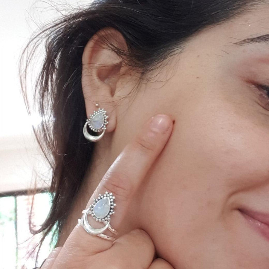 Woman wearing Sterling silver Half Moon Moonstone Earrings and moonstone ring - womens moonstone jewellery by Australian jewellery brands indie and harper