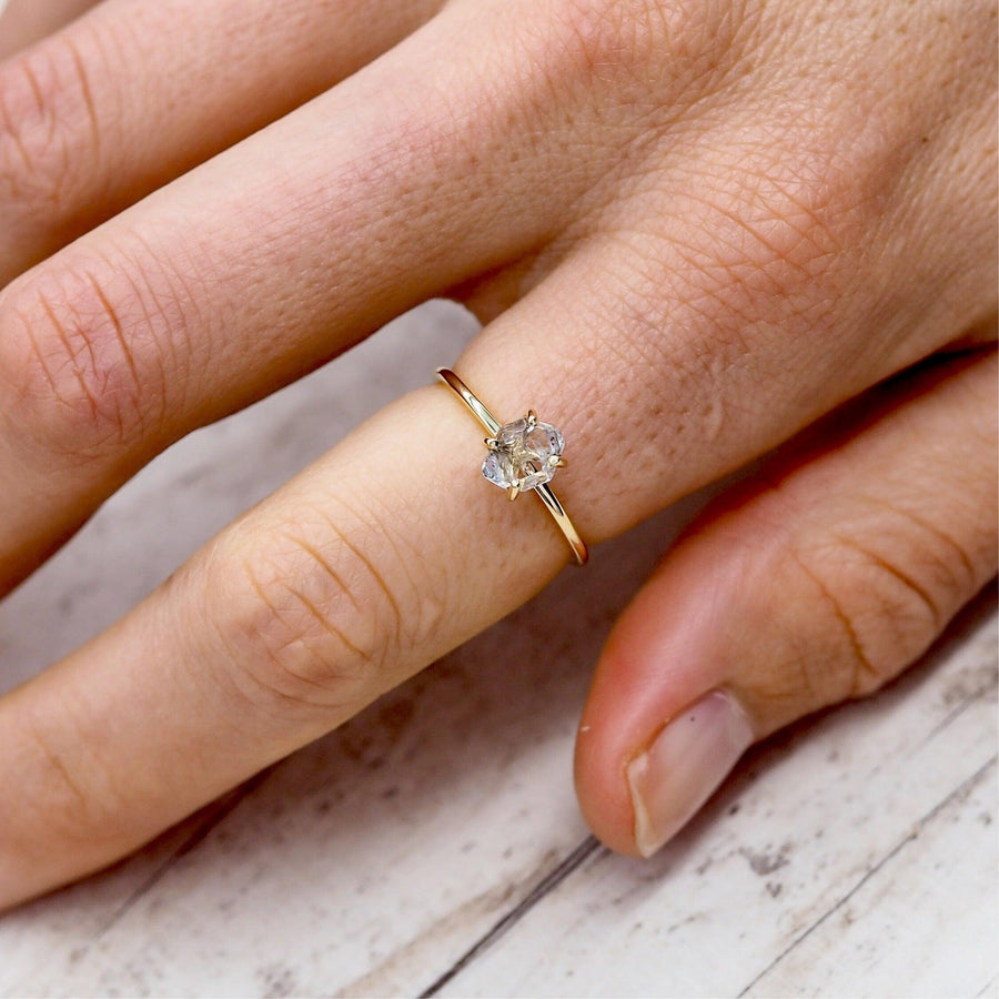 Woman wearing Solid 9ct Rose Gold Ring with herkimer quartz crystal - rose gold jewellery by Australian jewellery brands online indie and Harper 