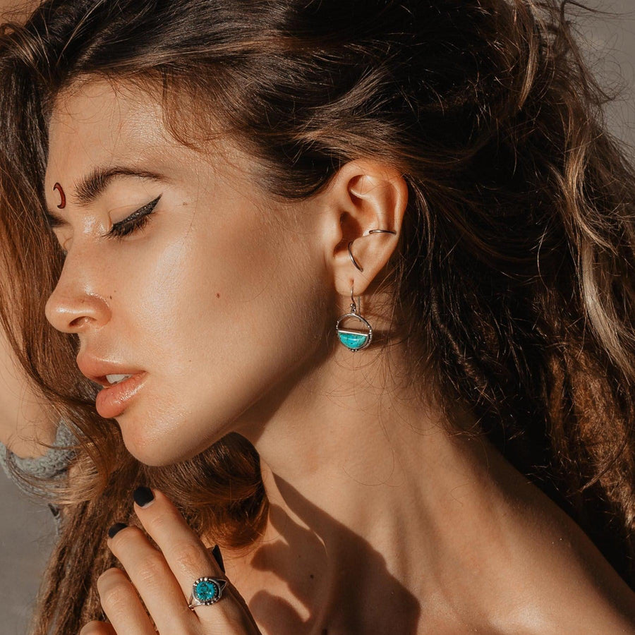 Woman wearing Sterling silver Turquoise Earrings - womens turquoise jewellery by australian jewellery brands online indie and harper