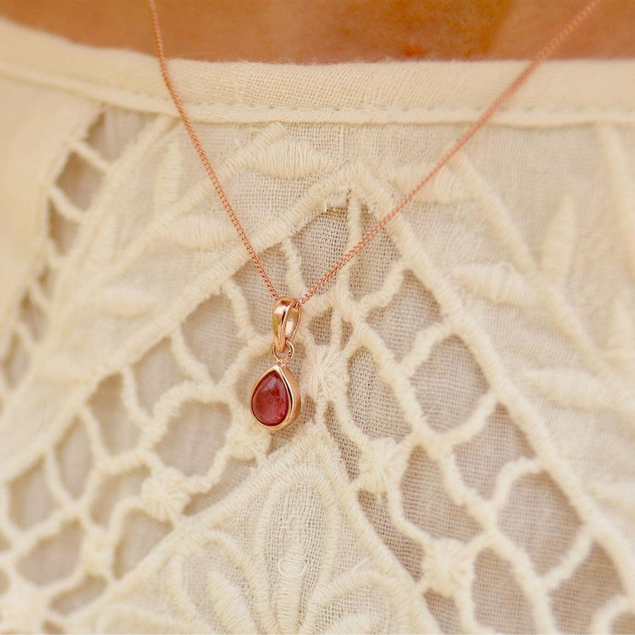 woman wearing rose gold July Birthstone ruby Necklace - rose gold necklace by Australian jewellery brand indie and harper 