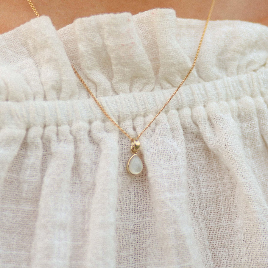 Woman wearing June Birthstone Pearl Necklace - Gold Necklace by australian jewellery brand indie and harper