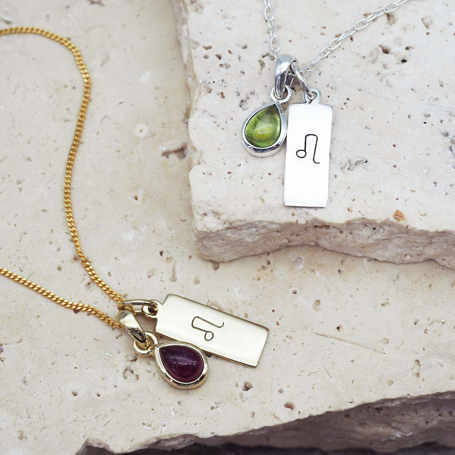 silver and gold zodiac Leo Necklaces with august birthstone and july birthstone pendants - womens jewellery by australian jewellery brands indie and harper