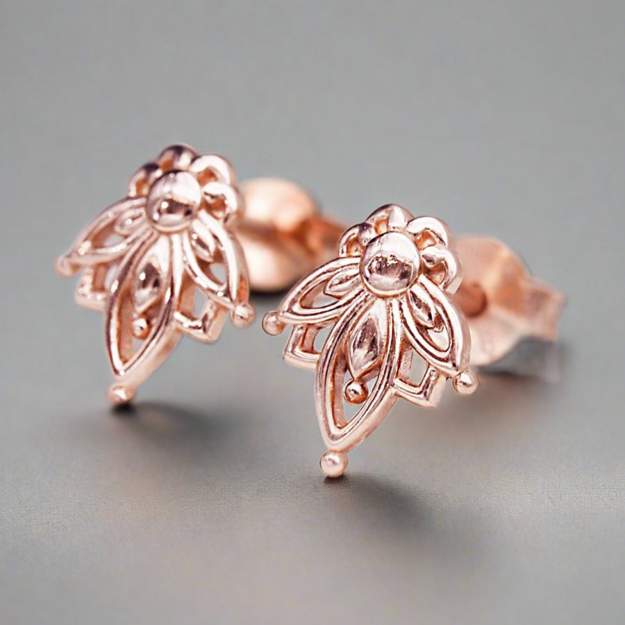 dainty lotus flower rose gold earrings - rose gold jewellery by womens jewellery online store indie and harper