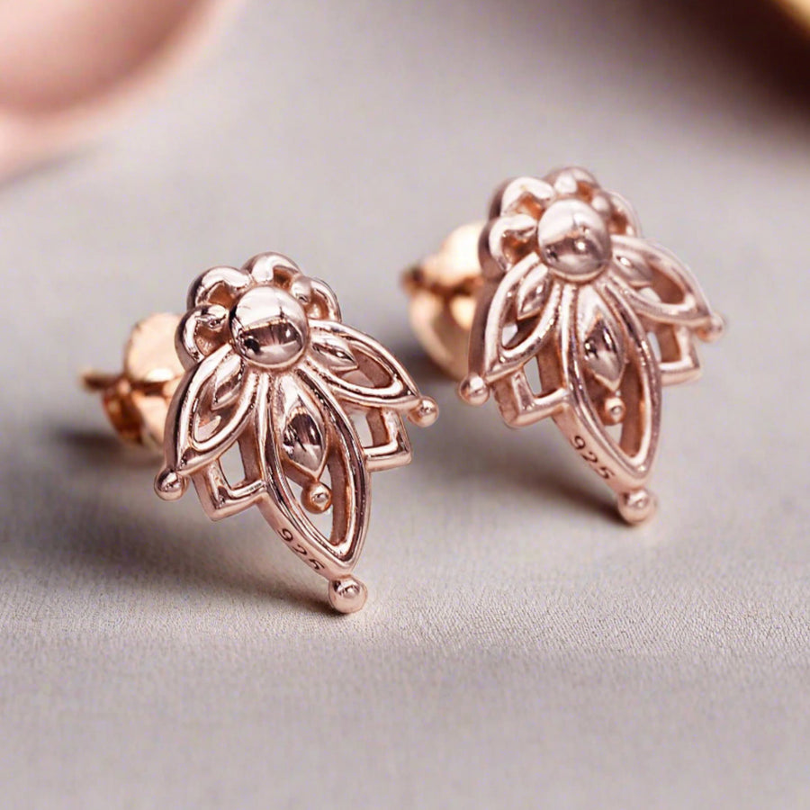 dainty lotus flower rose gold earrings - rose gold jewellery by womens jewellery online brand indie and harper 