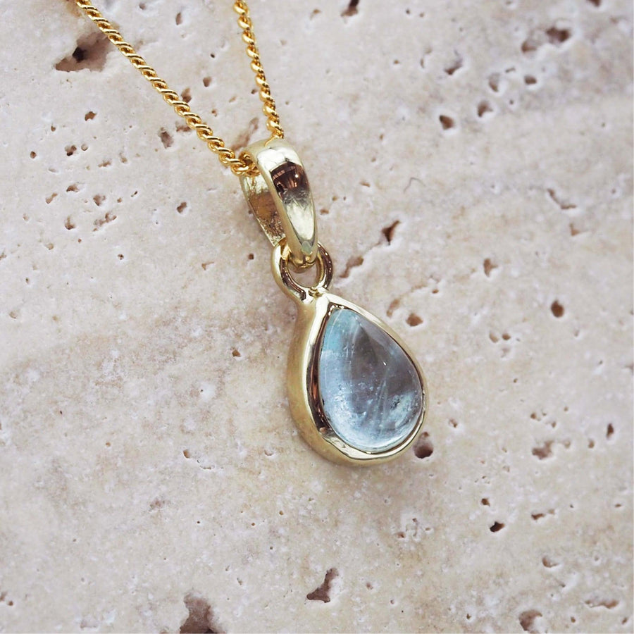 March birthstone gold aquamarine necklace by Australian jewellery brands online indie and Harper 