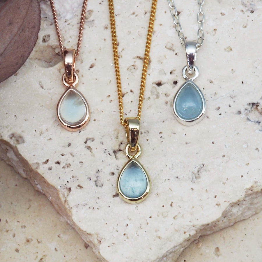 March birthstone aquamarine necklaces by Australian jewellery brands online indie and Harper 