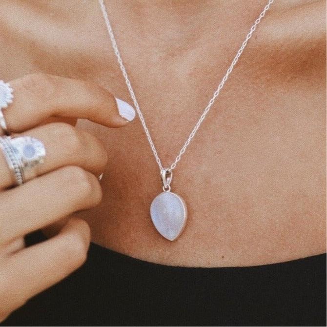 woman wearing sterling silver moonstone neckace - moonstone jewellery by Australian jewellery brands indie and harper