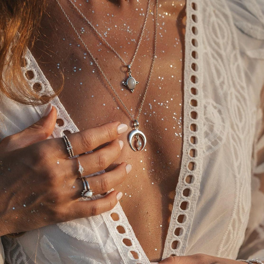 woman wearing moonstone necklaces - moonstone jewellery by Australian jewellery brands indie and harper