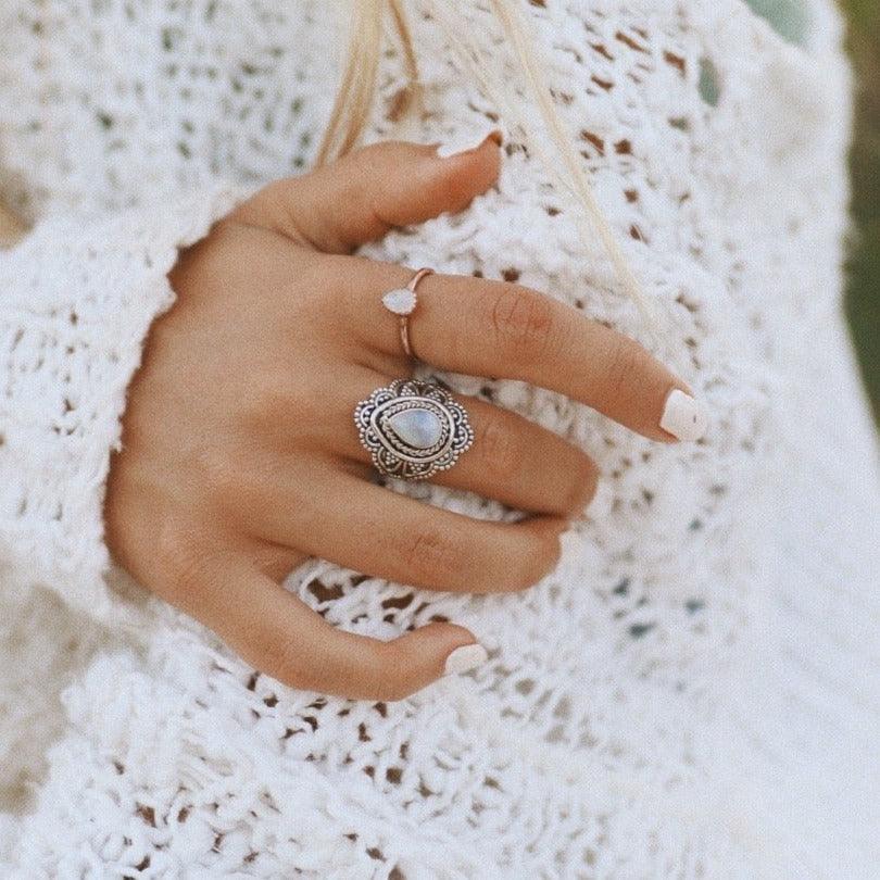 Woman wearing Moonstone Rings - boho jewellery by australian jewellery brands indie and harper