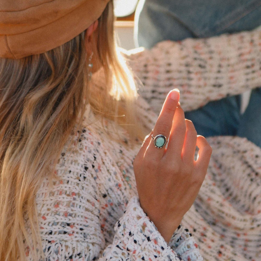 Native Navajo Turquoise Ring being worn - boho jewellery by australian jewellery brands online indie and harper