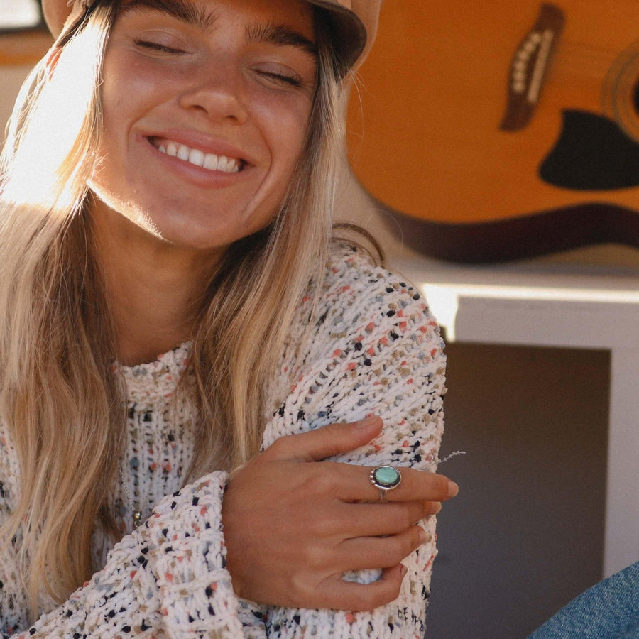 Smiling woman wearing Turquoise Ring - boho jewellery by australian jewellery brands online indie and harper