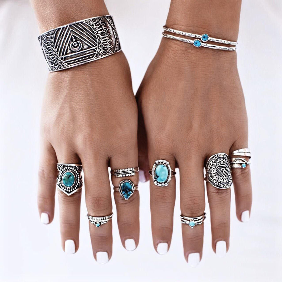 woman with white nail polish wearing sterling silver turquoise rings and turquoise bracelets - turquoise jewellery by australian jewellery brands online indie and harper