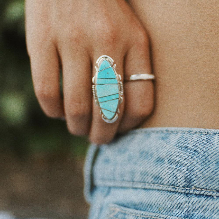 Navajo Sterling Silver Turquoise Ring being worn - Native American Jewelry and turquoise jewellery by australian jewellery brands online indie and harper