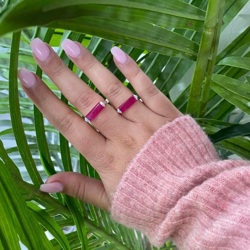 Woman wearing Natural Pink Jade Rings - womens jewellery by australian jewellery brands indie and harper