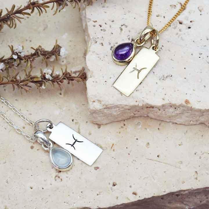 Pisces Necklace with february birthstone and march birthstone pendants - womens jewellery by indie and harper