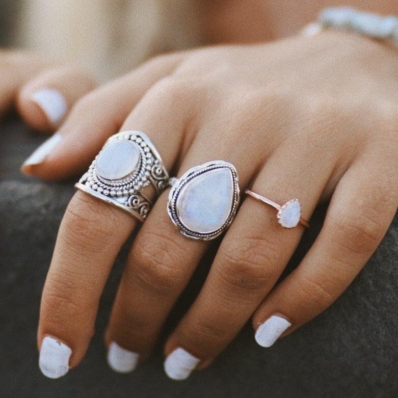 woman with white nails wearing Moonstone Rings - womens boho jewellery by australian jewellery brands online indie and harper