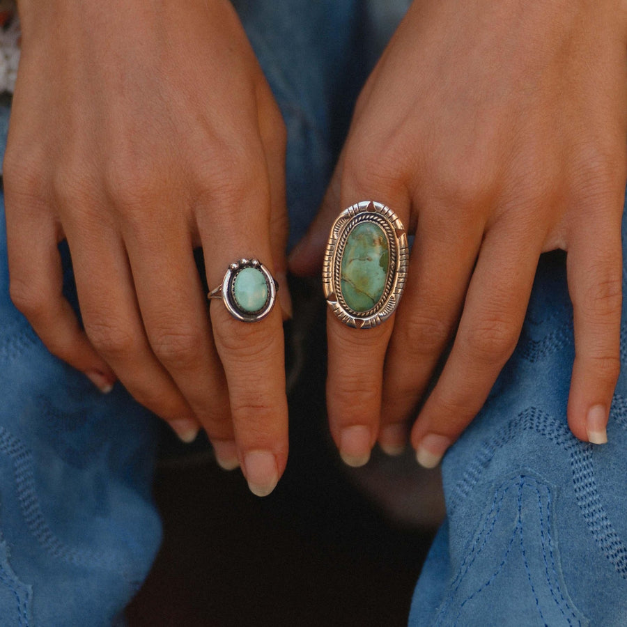 Woman wearing Turquoise Rings - turquoise jewellery by Australian jewellery brands online indie and harper 