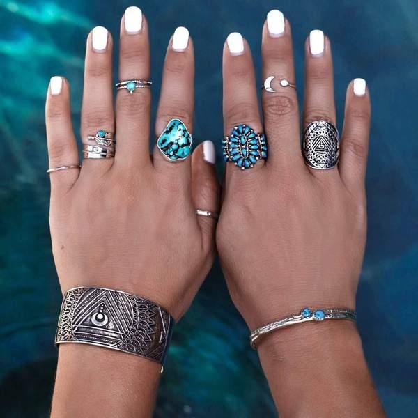 Raw Opal Ring and turquise rings being worn - womens boho jewellery by australian jewellery brands indie and harper