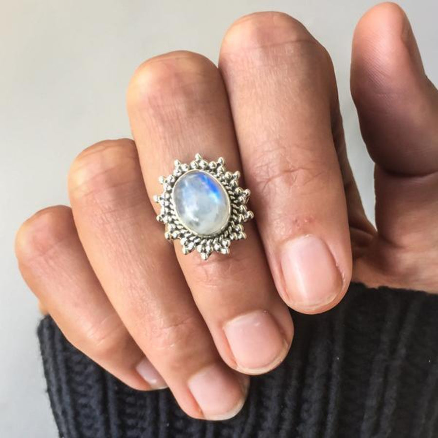 sun Moonstone Ring being worn - moonstone jewelry by womens jewelry online brand indie and harper