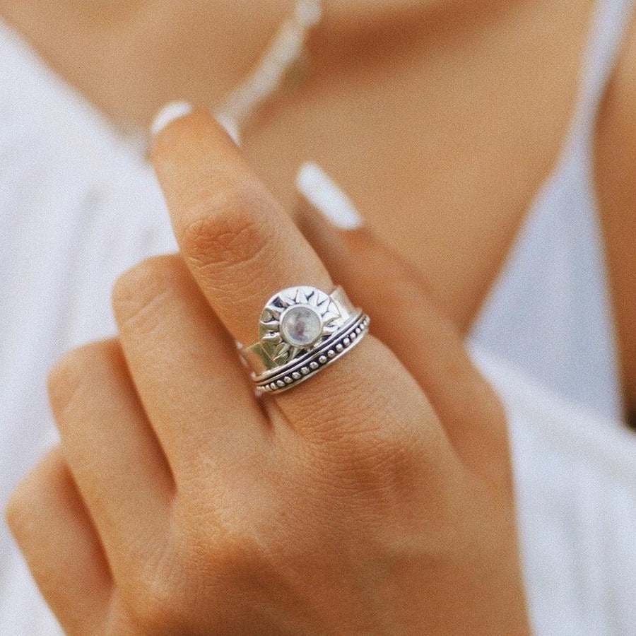 Sterling silver moonstone ring being worn - boho jewellery by australian jewellery brands online indie and harper