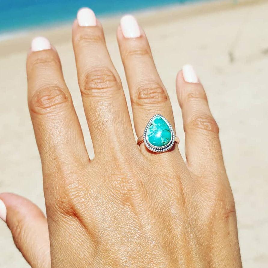 Hand wearing silver Turquoise Ring - turquoise jewellery by australian jewellery brands online indie and harper