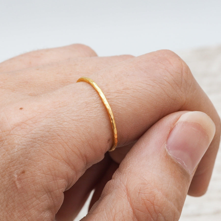 Hand wearing thin Gold Ring - womens gold jewellery by australian jewellery brands indie and Harper 