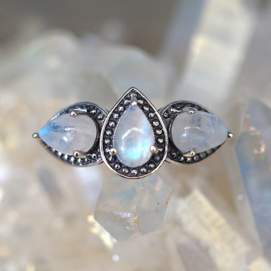 Sterling silver Moonstone Ring sitting on a crystal - womens jewellery by Australian jewellery brands online indie and harper