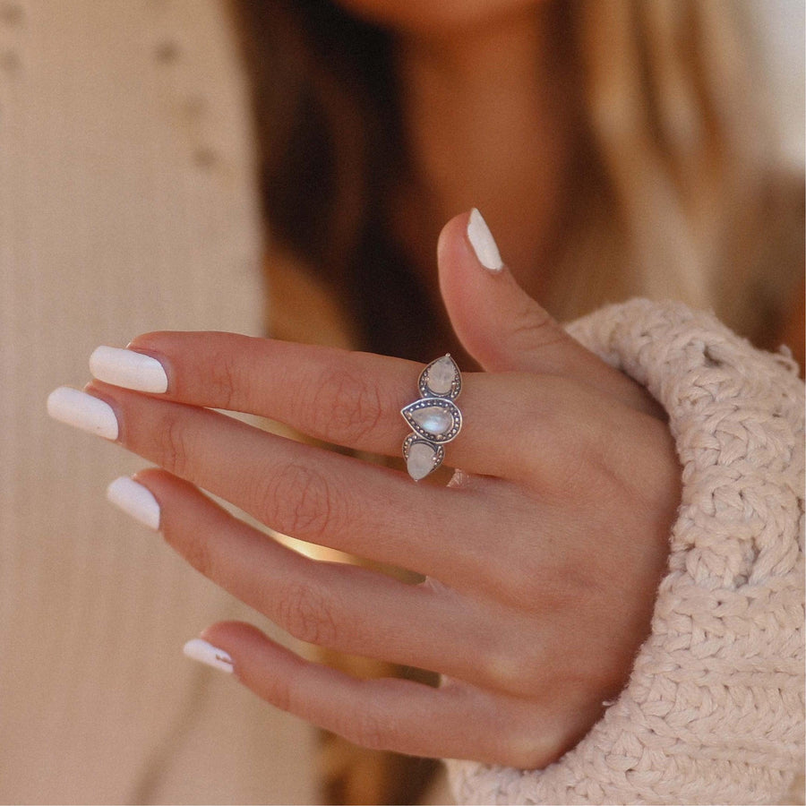 Woman wearing Sterling silver Moonstone Ring - womens jewellery by Australian jewellery brands online indie and harper