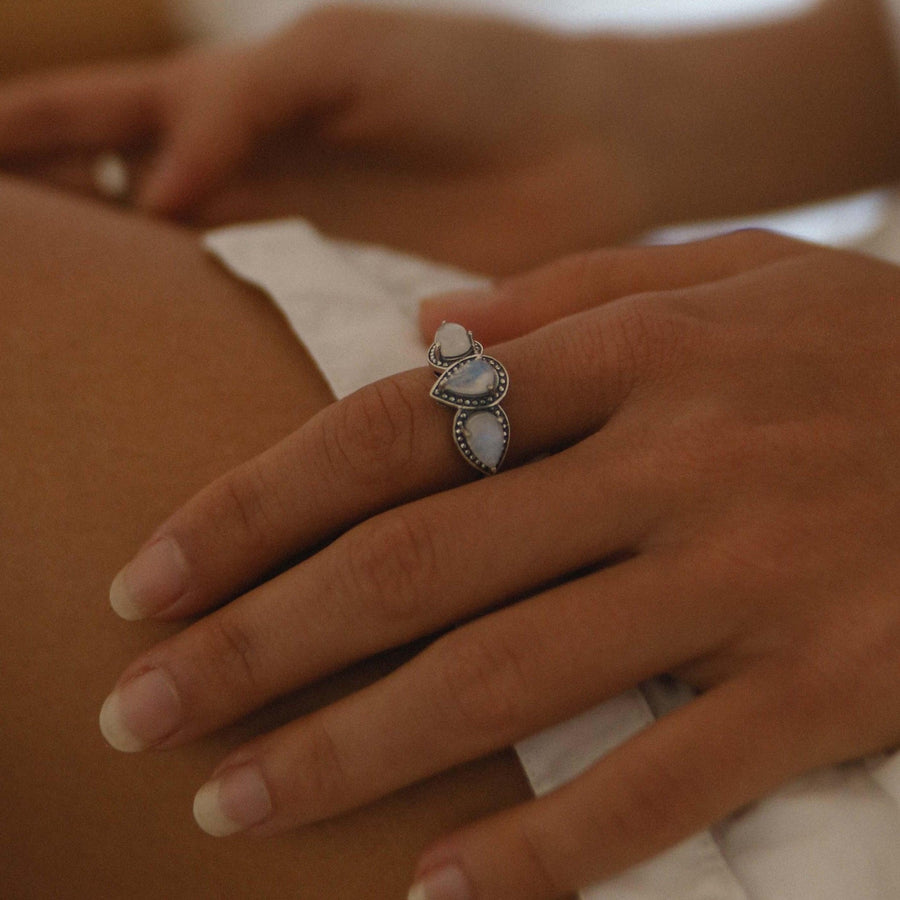 Woman wearing Sterling silver Moonstone Ring - womens jewellery by Australian jewellery brands online indie and harper