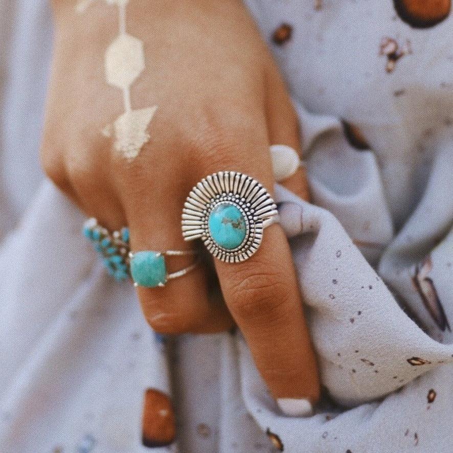 Sterling silver Turquoise Rings being worn - turquoise jewellery by boho jewellery online store indie and harper