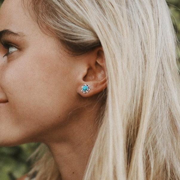 woman with blonde hair wearing Turquoise earrings - turquoise jewellery by boho jewellery online brand indie and harper