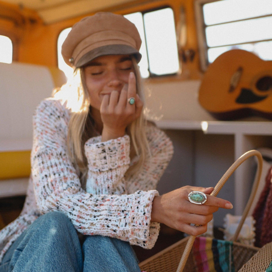 woman wearing Turquoise Rings - womens turquoise jewellery by Australian jewellery brands indie and harper