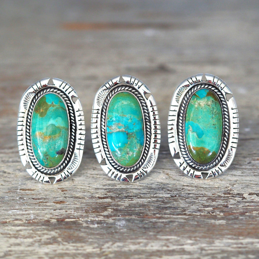 three Turquoise Rings with green and blue colours - Sterling silver turquoise jewellery by Australian jewellery brands indie and harper