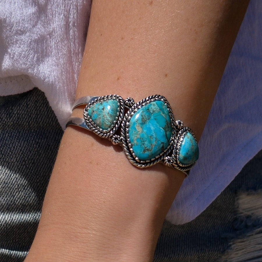 Turquoise Warrior Cuff being worn - turquoise jewellery by boho jewellery brand indie and harper