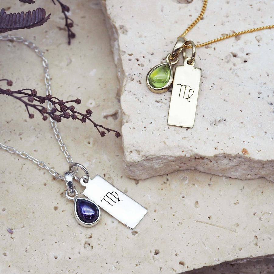 zodiac virgo necklaces with peridot august birthstone and sapphire september birthstones - womens jewellery by australian jewellery brands indie and harper