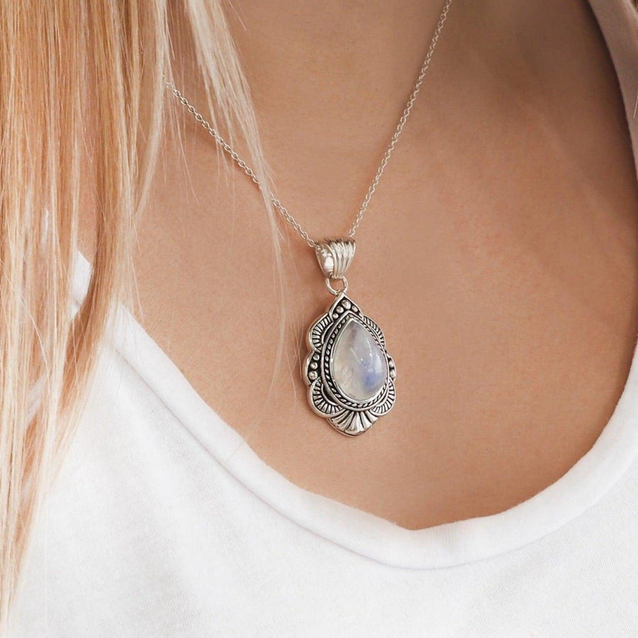 woman wearing sterling silver moonstone necklace - moonstone jewellery by australian jewellery brands online store indie and harper 